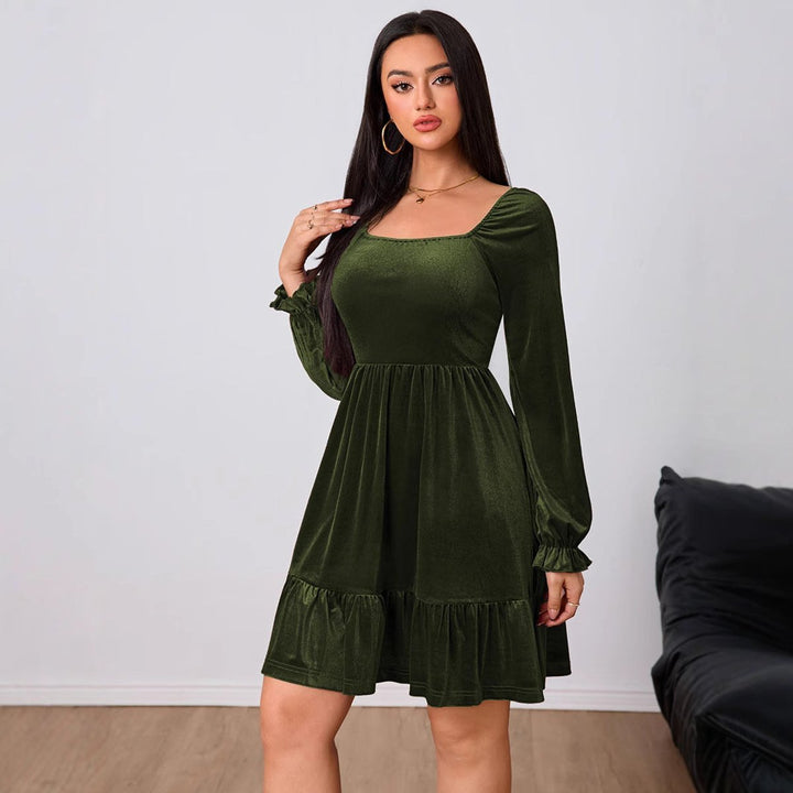Women's Velvet Party Dress Square-Neck Puff-Sleeve Tiered Skater