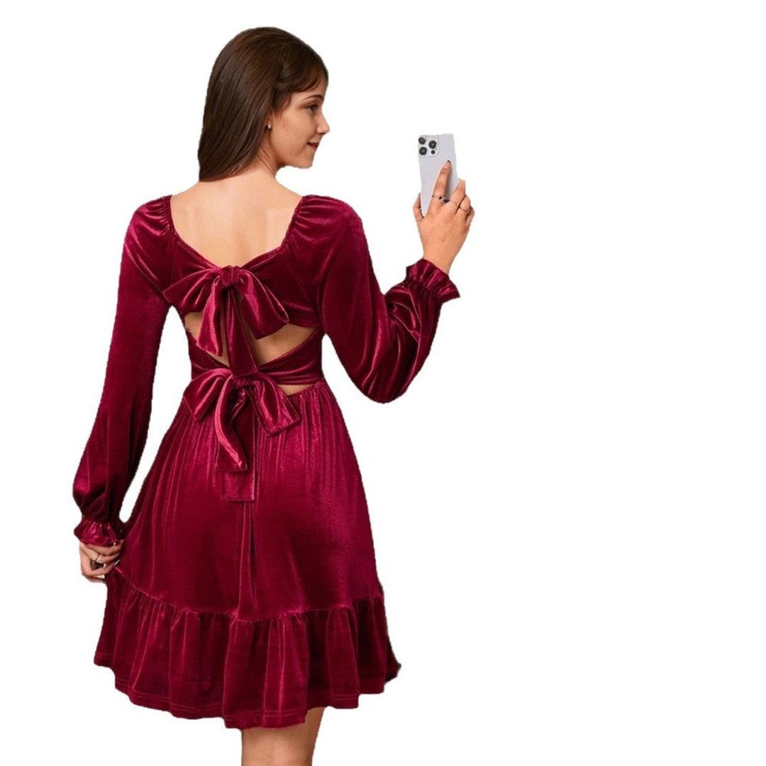 Women's Velvet Party Dress Square-Neck Puff-Sleeve Tiered Skater