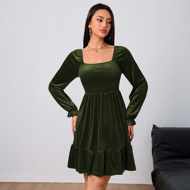 Women's Velvet Party Dress Square-Neck Puff-Sleeve Tiered Skater - Olive Green