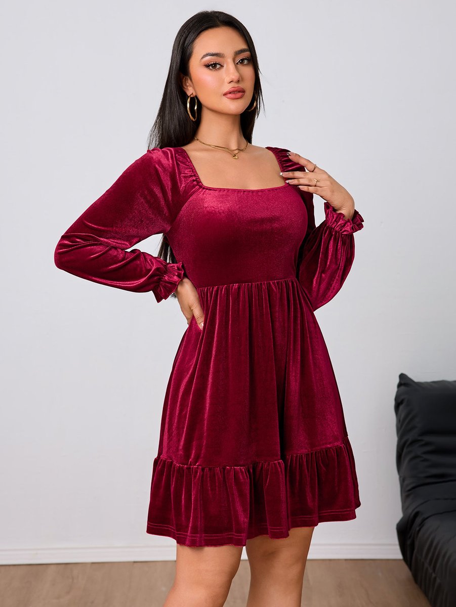 Women's Velvet Party Dress Square-Neck Puff-Sleeve Tiered Skater - Wine Red