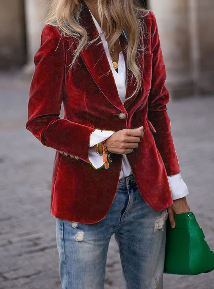Women's Velvet Single-Button Smart Casual Blazer - Dark Red