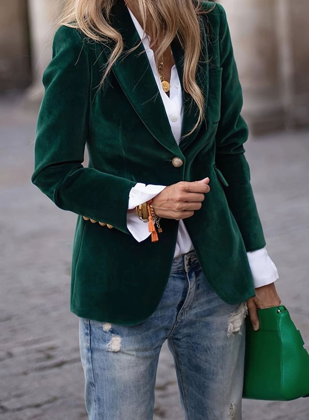 Women's Velvet Single-Button Smart Casual Blazer - Dark Green