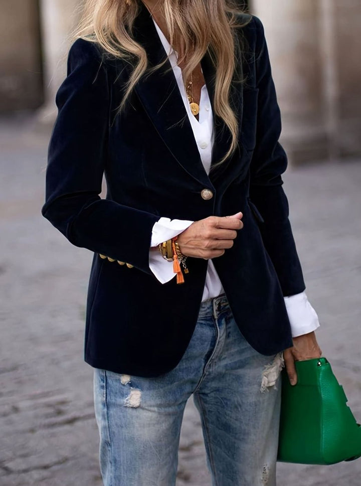 Women's Velvet Single-Button Smart Casual Blazer - Black