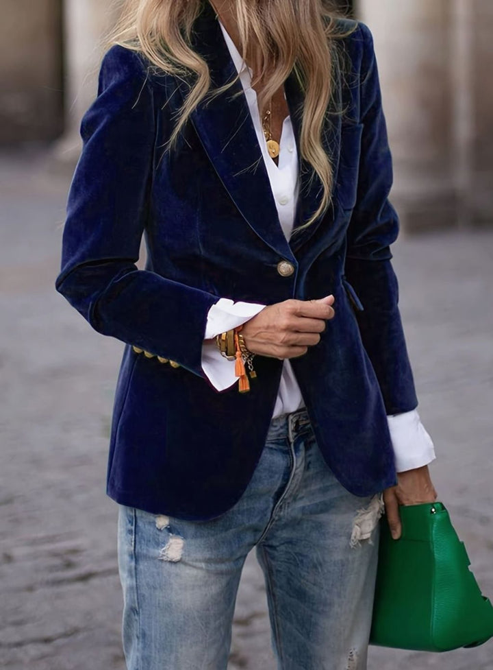 Women's Velvet Single-Button Smart Casual Blazer - Navy Blue