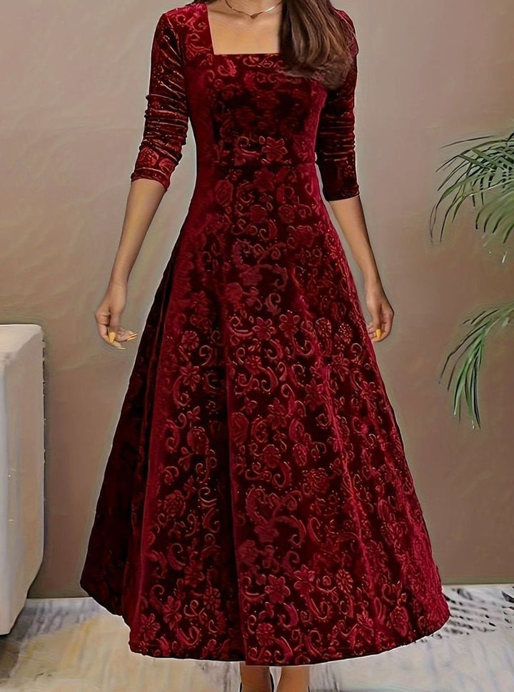 Women's Velvet Square-Neck Floral Embossed Party Dress - Dark Red