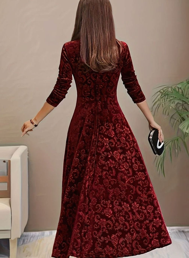 Women's Velvet Square-Neck Floral Embossed Party Dress