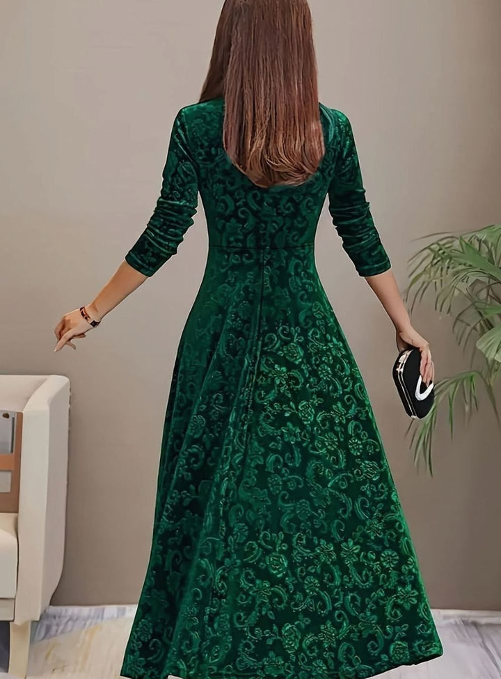 Women's Velvet Square-Neck Floral Embossed Party Dress