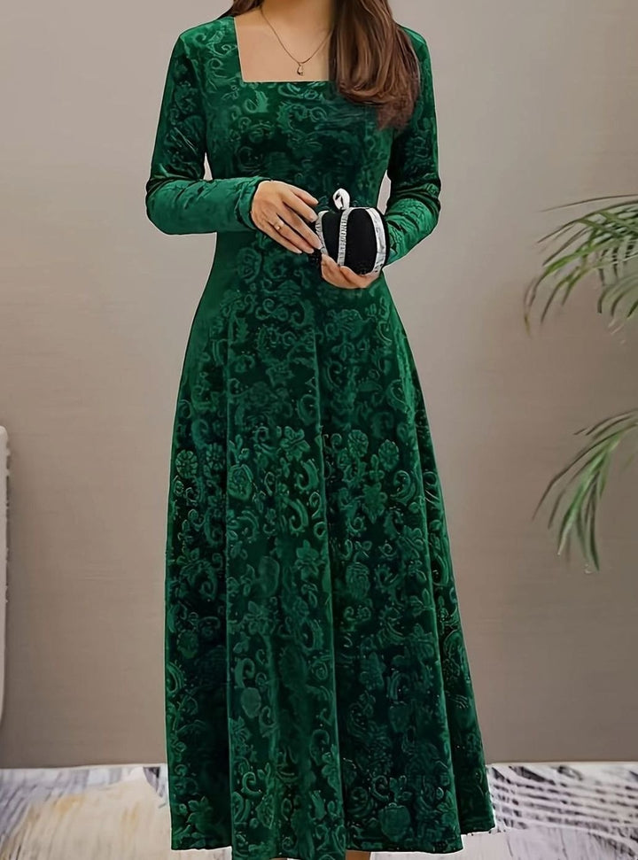 Women's Velvet Square-Neck Floral Embossed Party Dress - Green