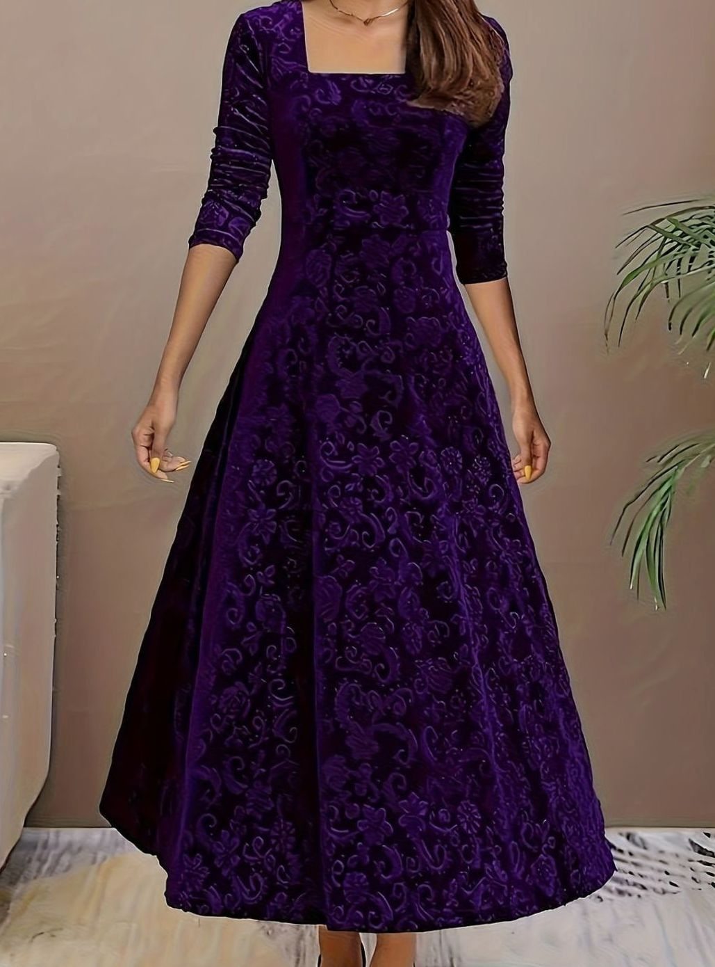 Women's Velvet Square-Neck Floral Embossed Party Dress - Purple