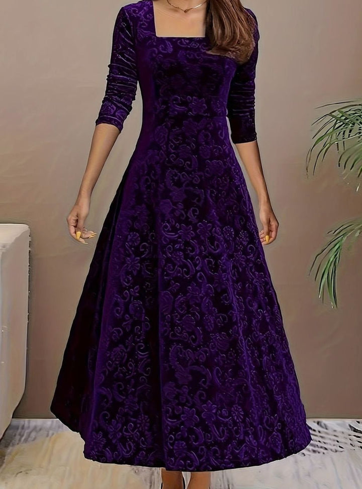 Women's Velvet Square-Neck Floral Embossed Party Dress - Purple