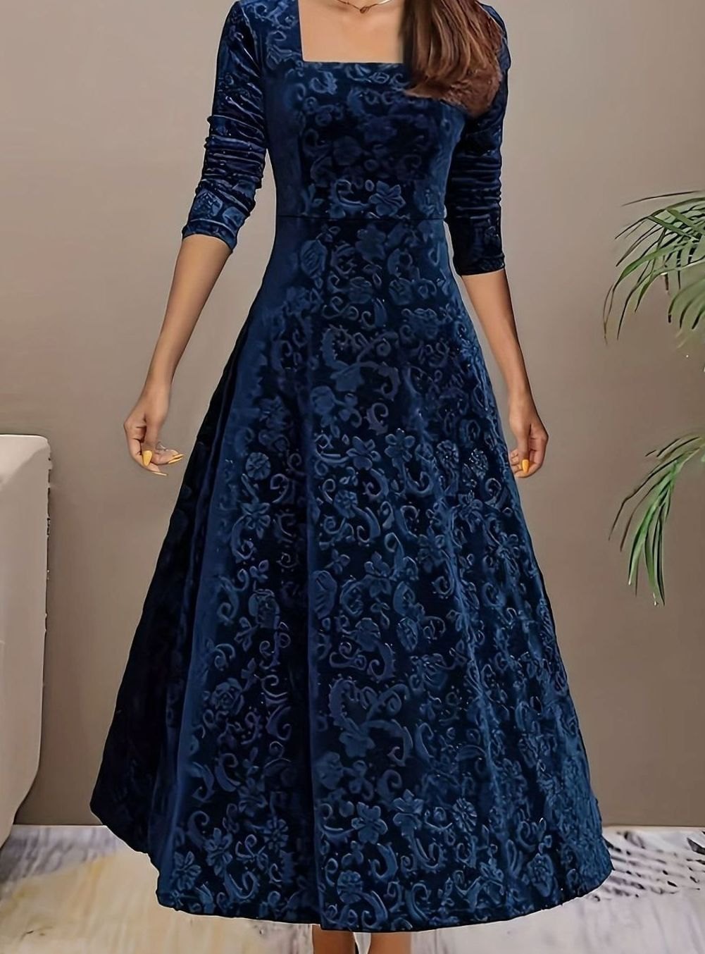 Women's Velvet Square-Neck Floral Embossed Party Dress - Blue