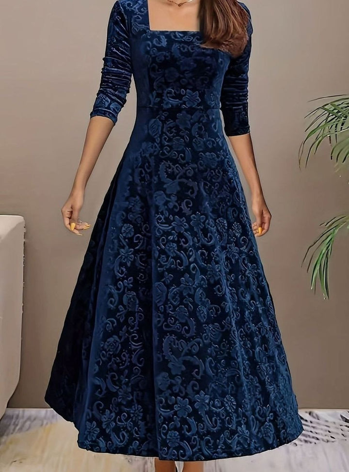 Women's Velvet Square-Neck Floral Embossed Party Dress - Blue