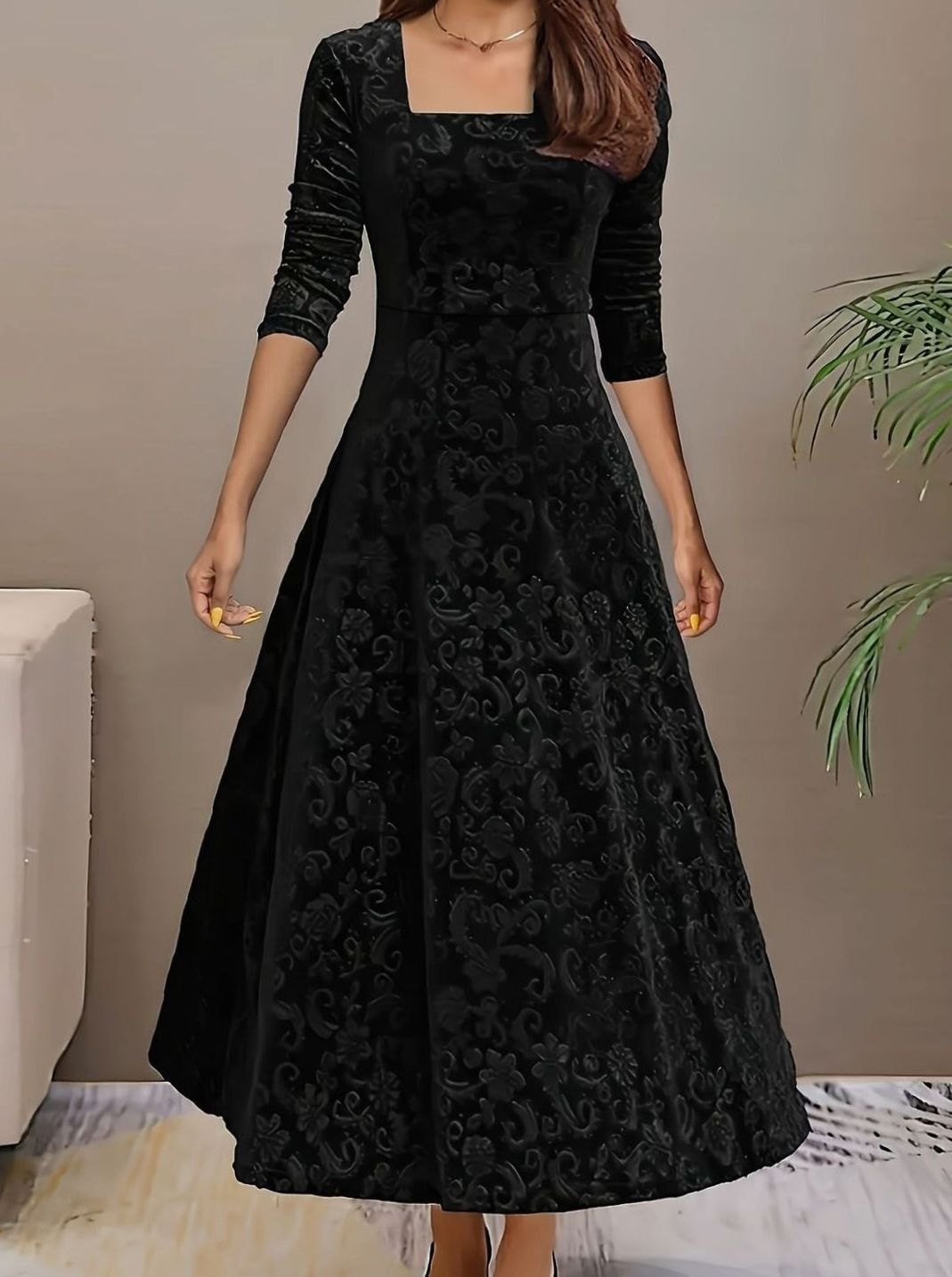 Women's Velvet Square-Neck Floral Embossed Party Dress - Black