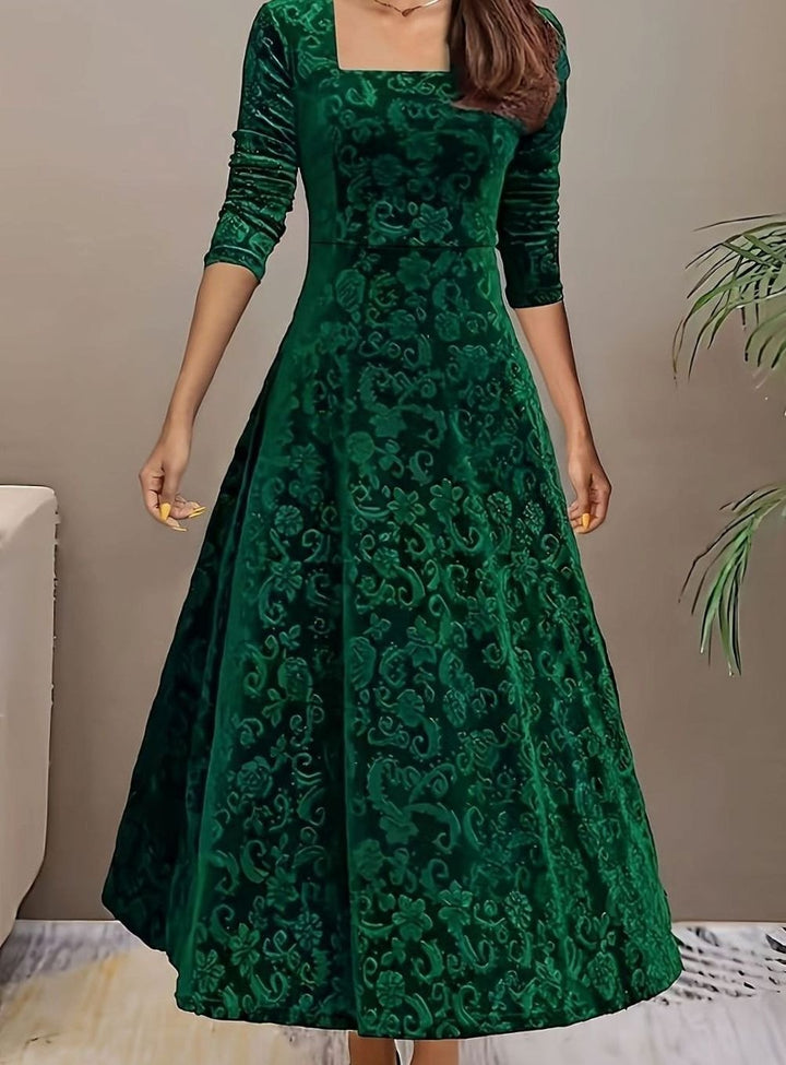 Women's Velvet Square-Neck Floral Embossed Party Dress