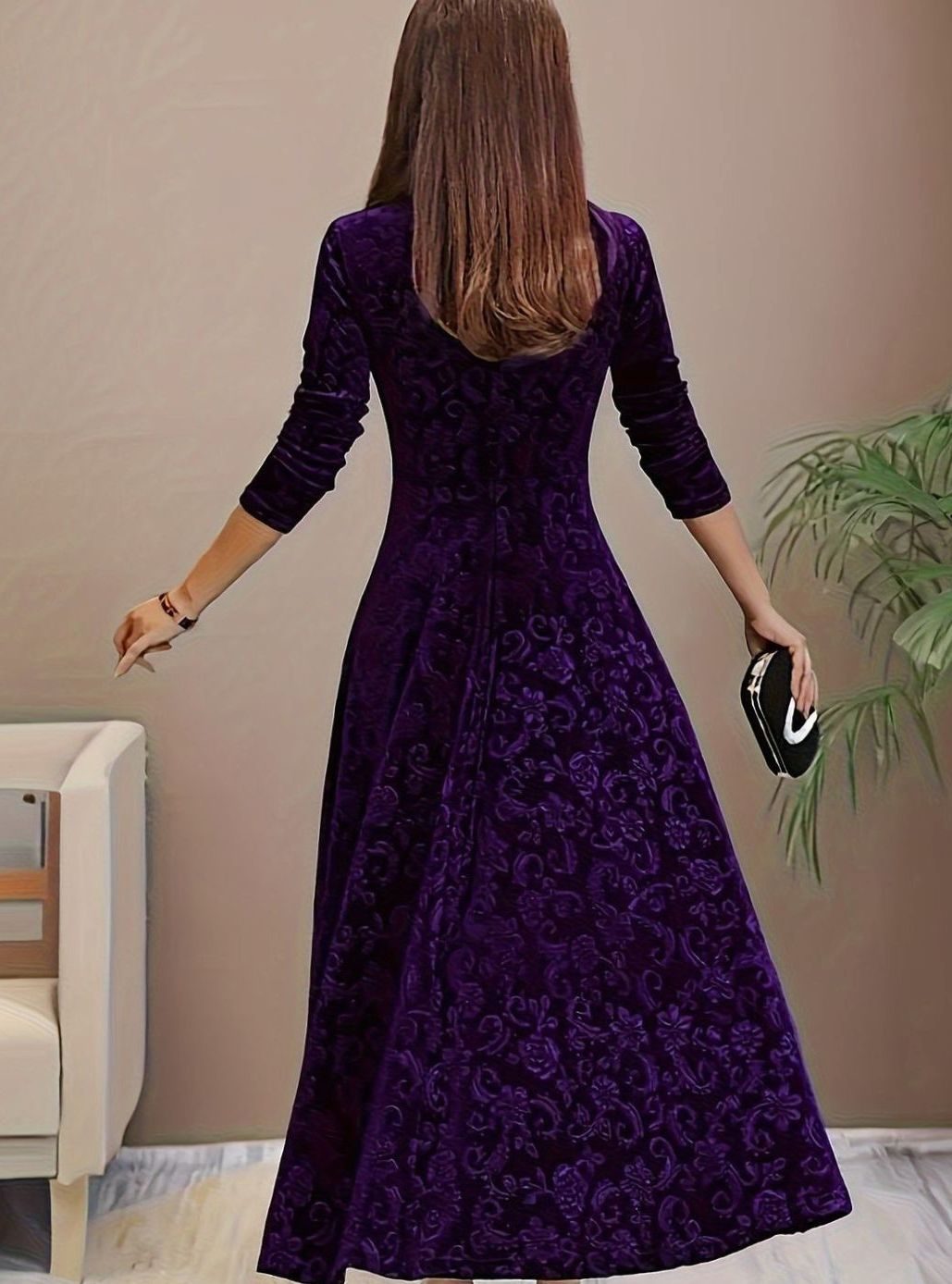 Women's Velvet Square-Neck Floral Embossed Party Dress