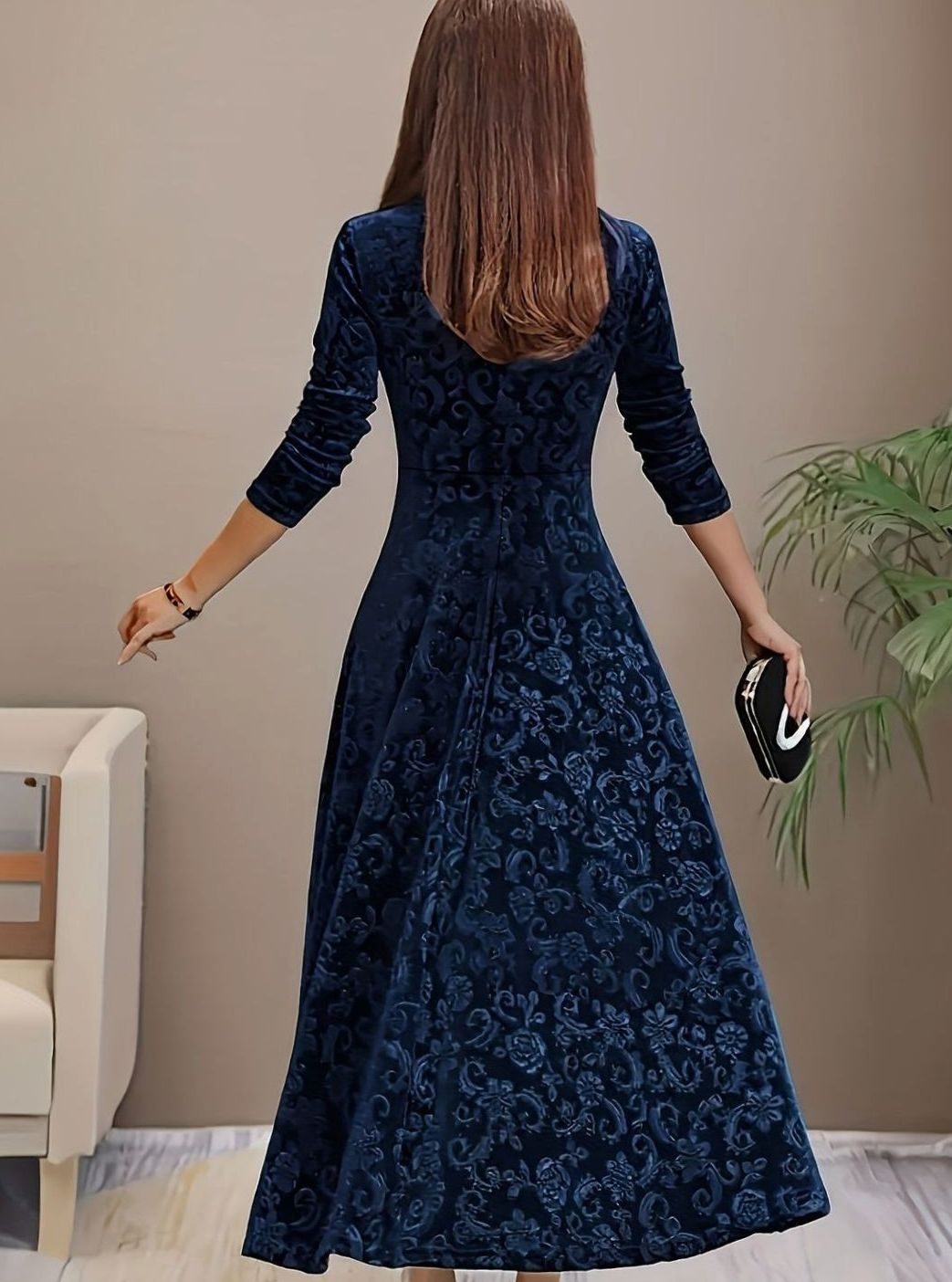 Women's Velvet Square-Neck Floral Embossed Party Dress