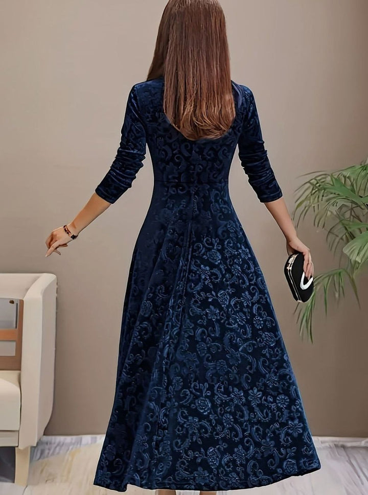 Women's Velvet Square-Neck Floral Embossed Party Dress