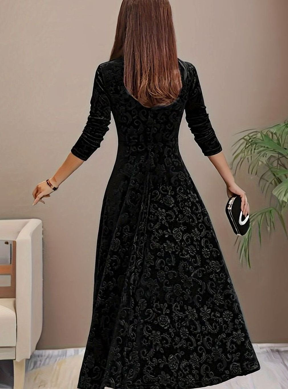Women's Velvet Square-Neck Floral Embossed Party Dress