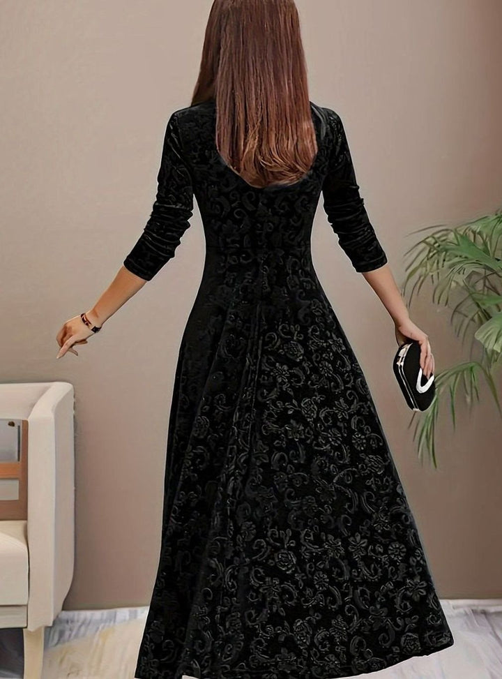 Women's Velvet Square-Neck Floral Embossed Party Dress