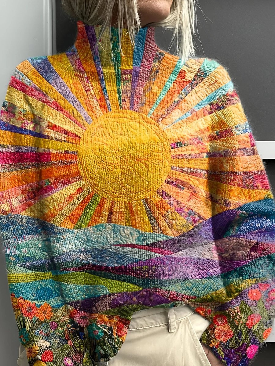 Women's Vibrant Sun-Print Quilted Turtleneck Jumper