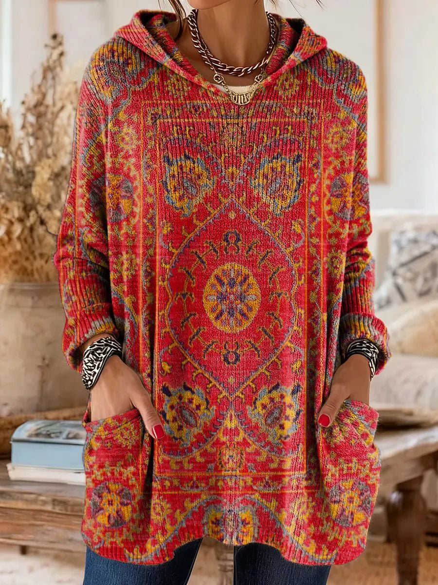Women's Vintage Ethnic Print Hooded Knitted Sweater Tunic Pockets