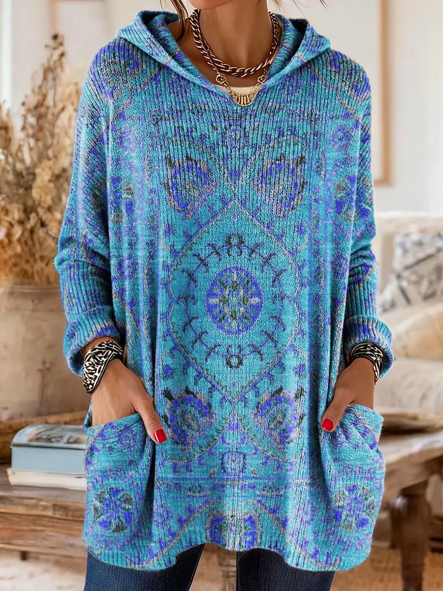 Women's Vintage Ethnic Print Hooded Knitted Sweater Tunic Pockets
