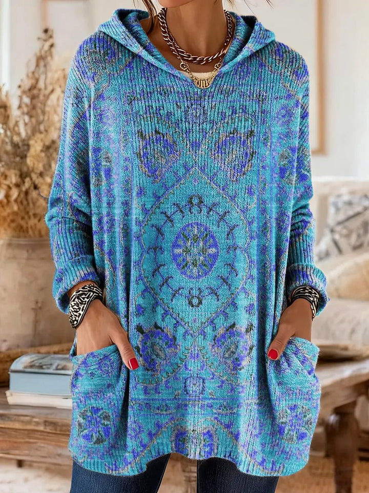 Women's Vintage Ethnic Print Hooded Knitted Sweater Tunic Pockets