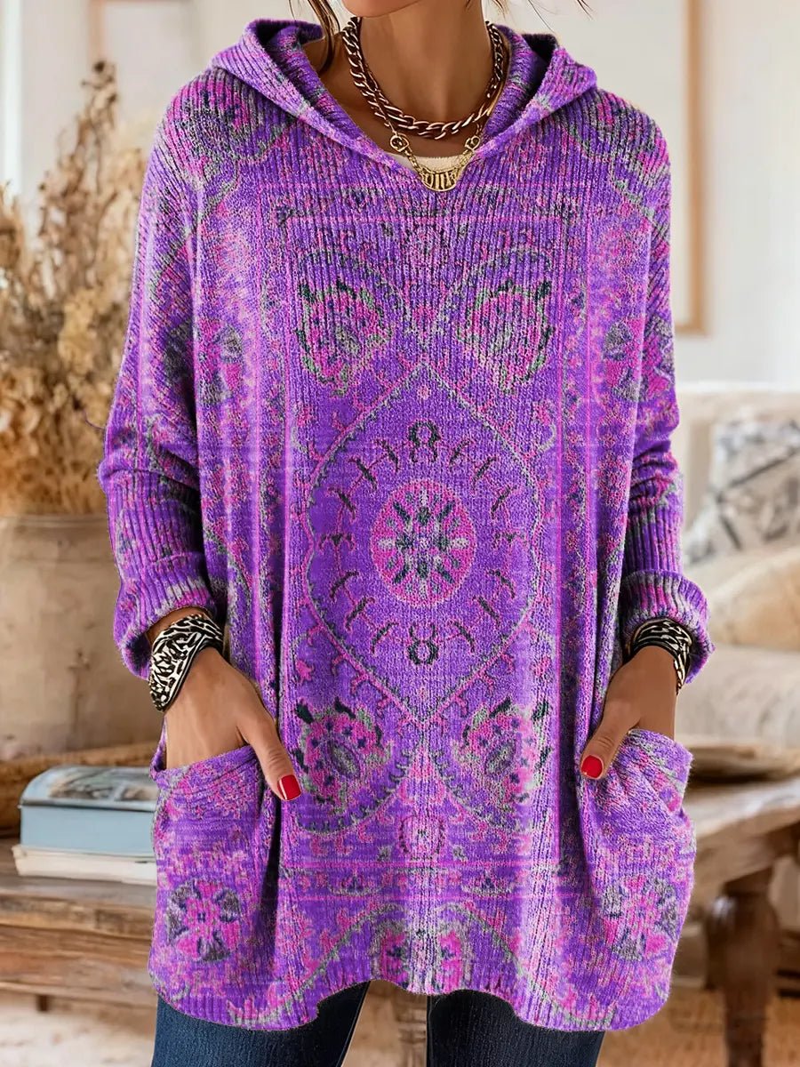 Women's Vintage Ethnic Print Hooded Knitted Sweater Tunic Pockets