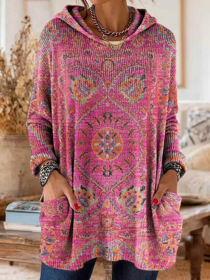 Women's Vintage Ethnic Print Hooded Knitted Sweater Tunic Pockets