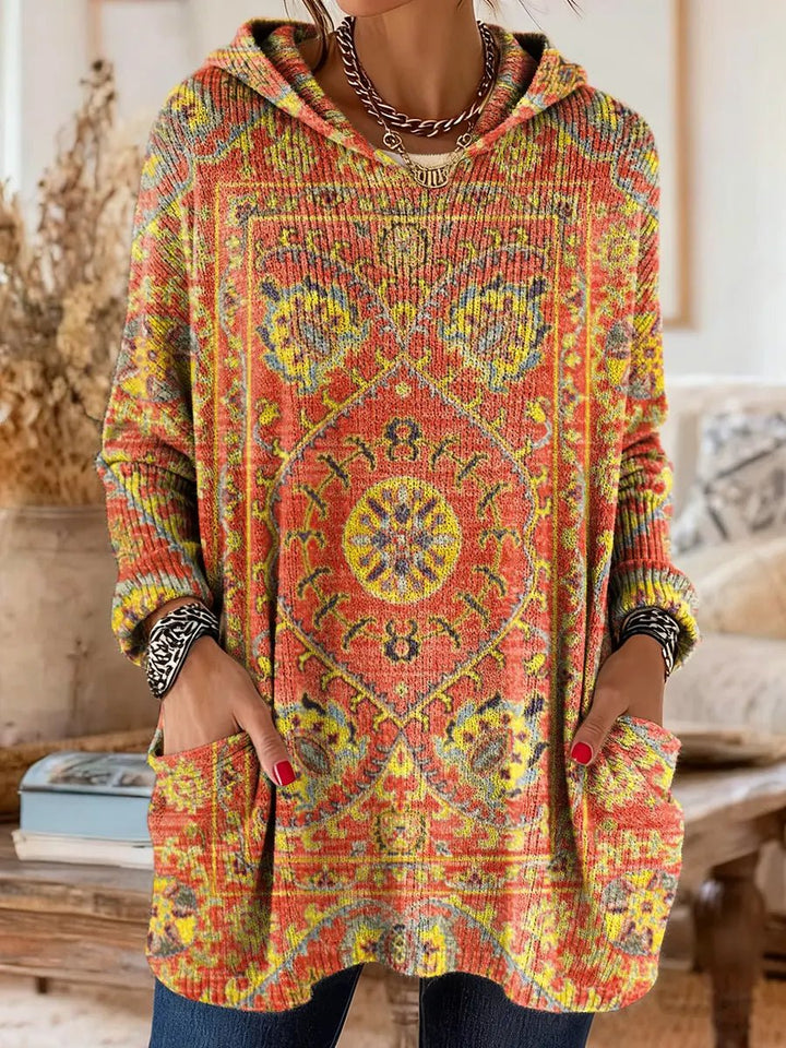 Women's Vintage Ethnic Print Hooded Knitted Sweater Tunic Pockets