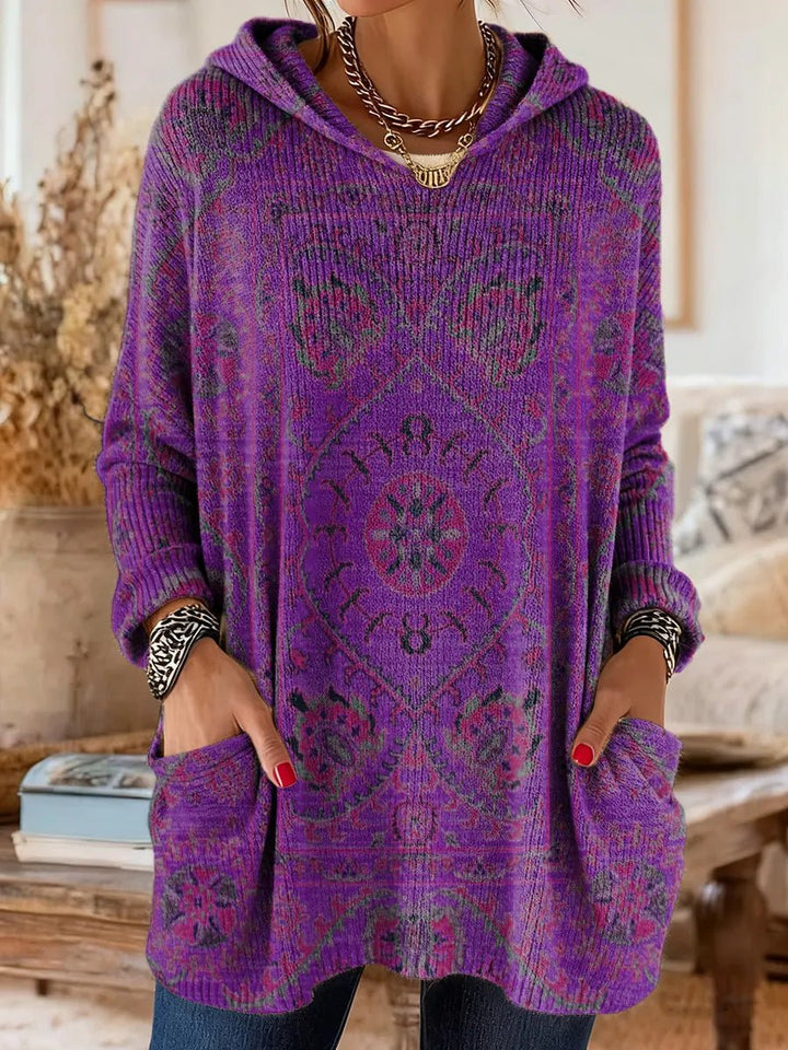 Women's Vintage Ethnic Print Hooded Knitted Sweater Tunic Pockets
