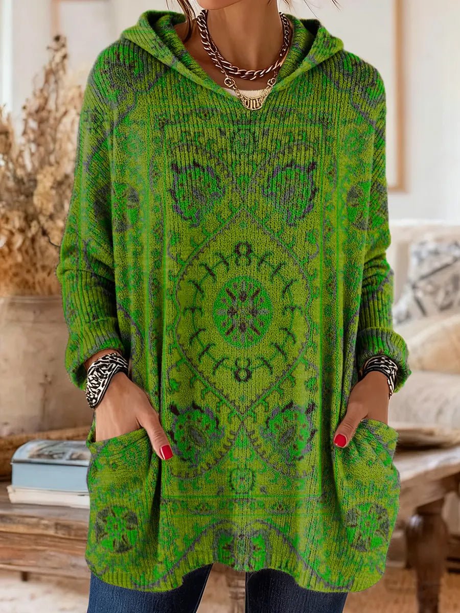 Women's Vintage Ethnic Print Hooded Knitted Sweater Tunic Pockets