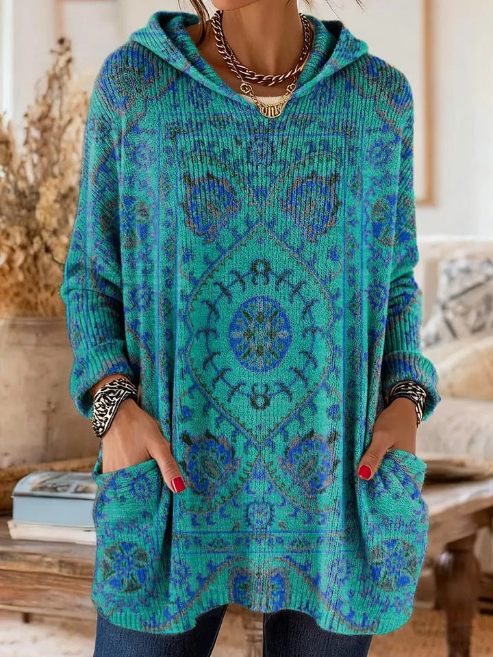 Women's Vintage Ethnic Print Hooded Knitted Sweater Tunic Pockets