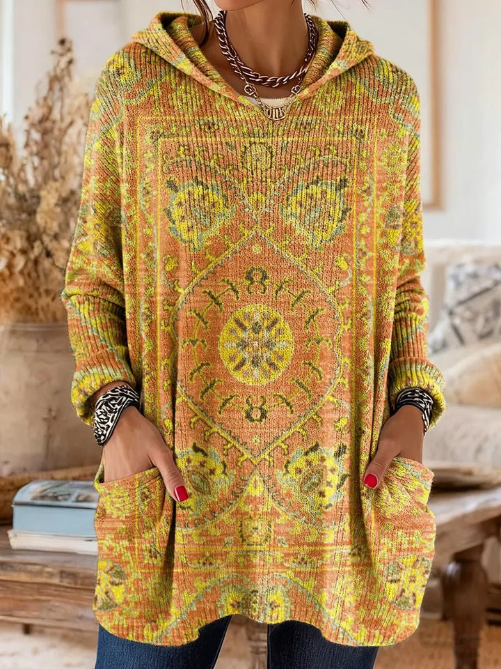 Women's Vintage Ethnic Print Hooded Knitted Sweater Tunic Pockets