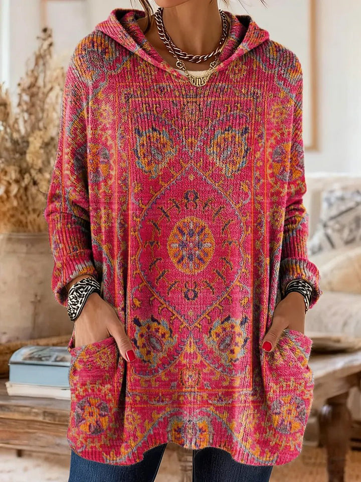 Women's Vintage Ethnic Print Hooded Knitted Sweater Tunic Pockets