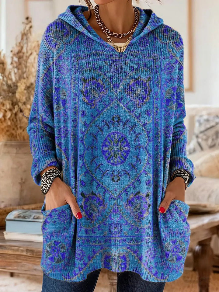 Women's Vintage Ethnic Print Hooded Knitted Sweater Tunic Pockets