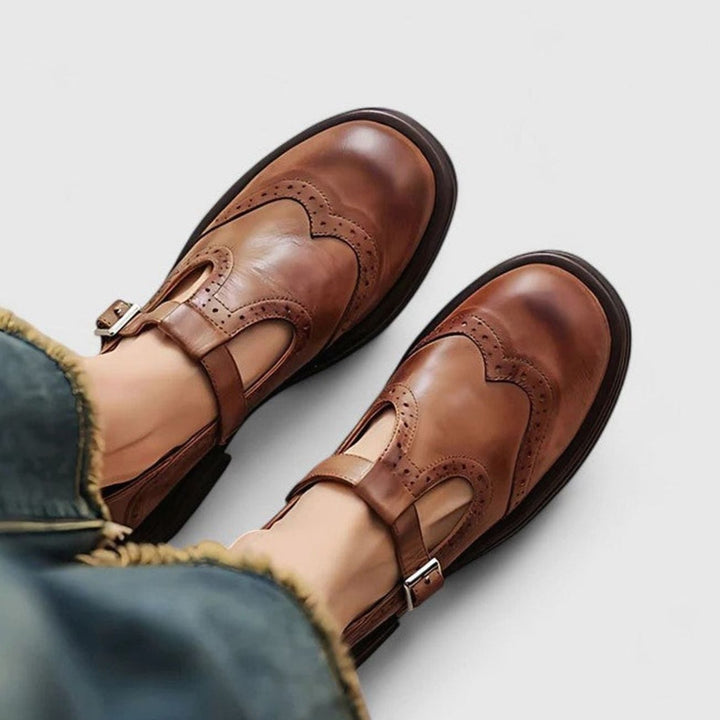 Women's Vintage Leather Brogue T-Strap Shoes Buckle Detail - Brown