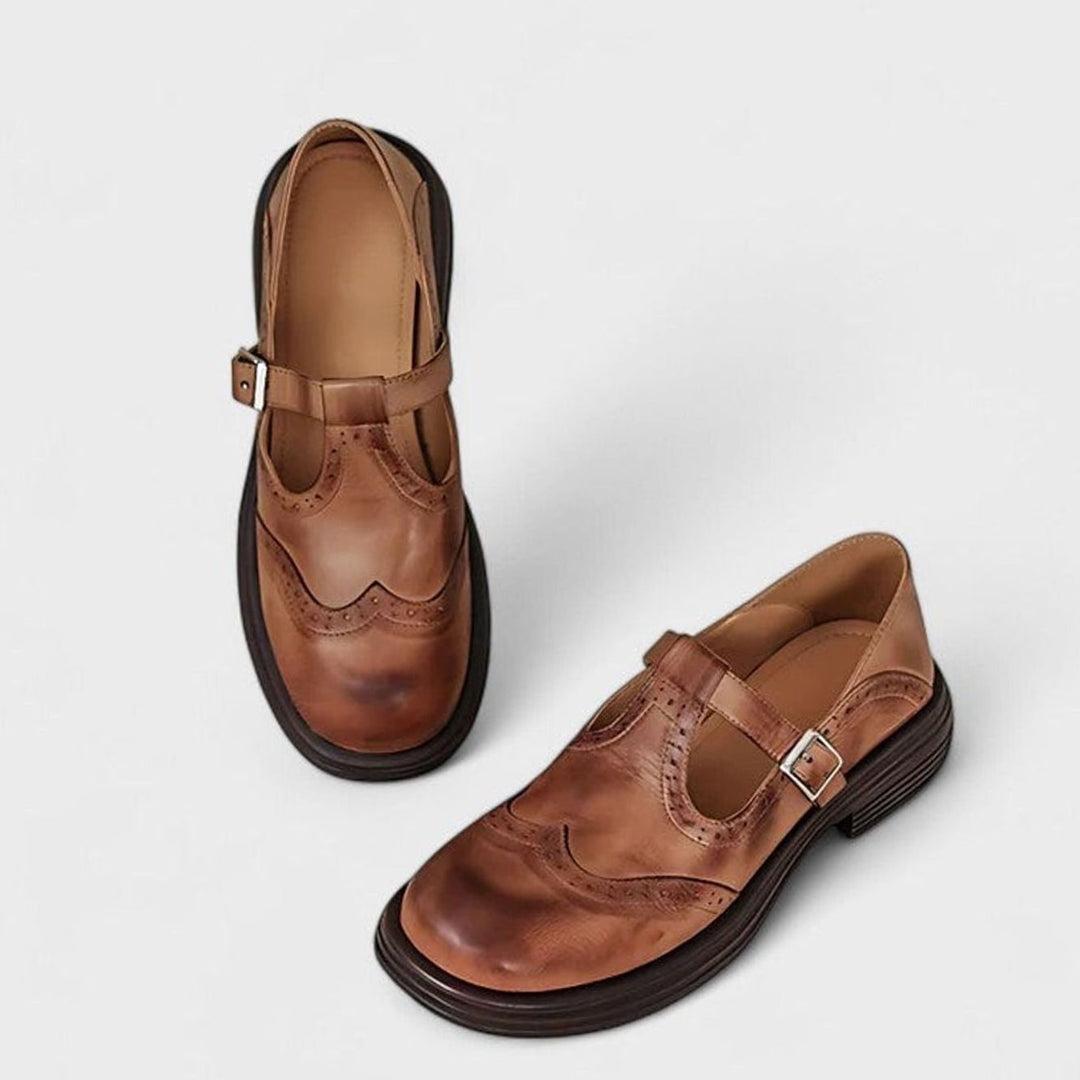 Women's Vintage Leather Brogue T-Strap Shoes Buckle Detail