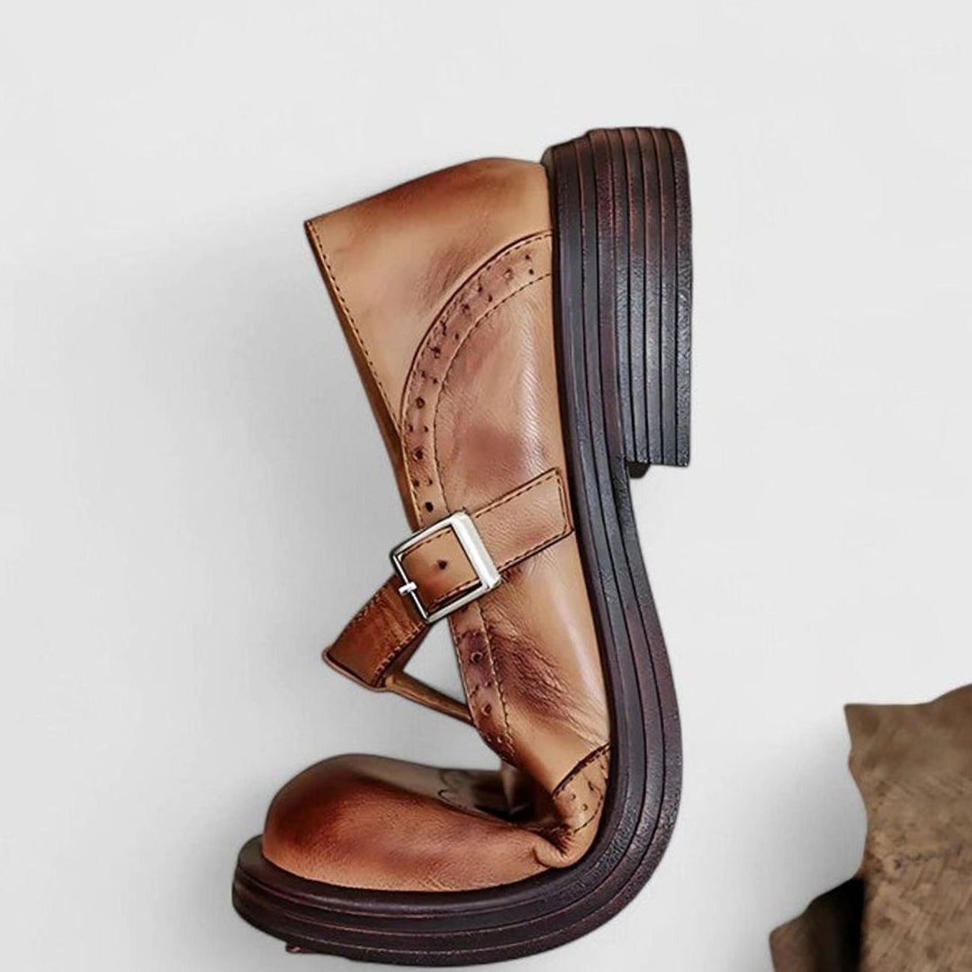 Women's Vintage Leather Brogue T-Strap Shoes Buckle Detail