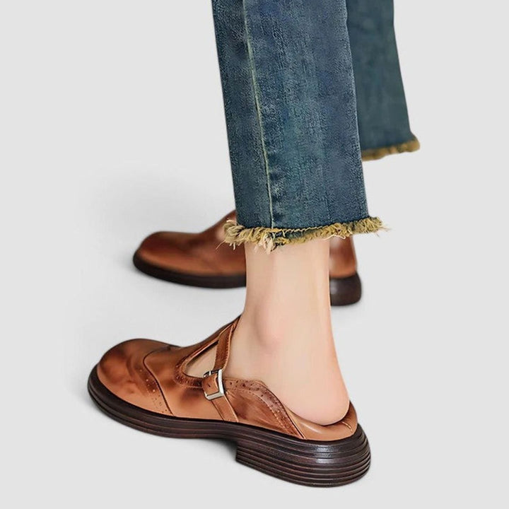 Women's Vintage Leather Brogue T-Strap Shoes Buckle Detail
