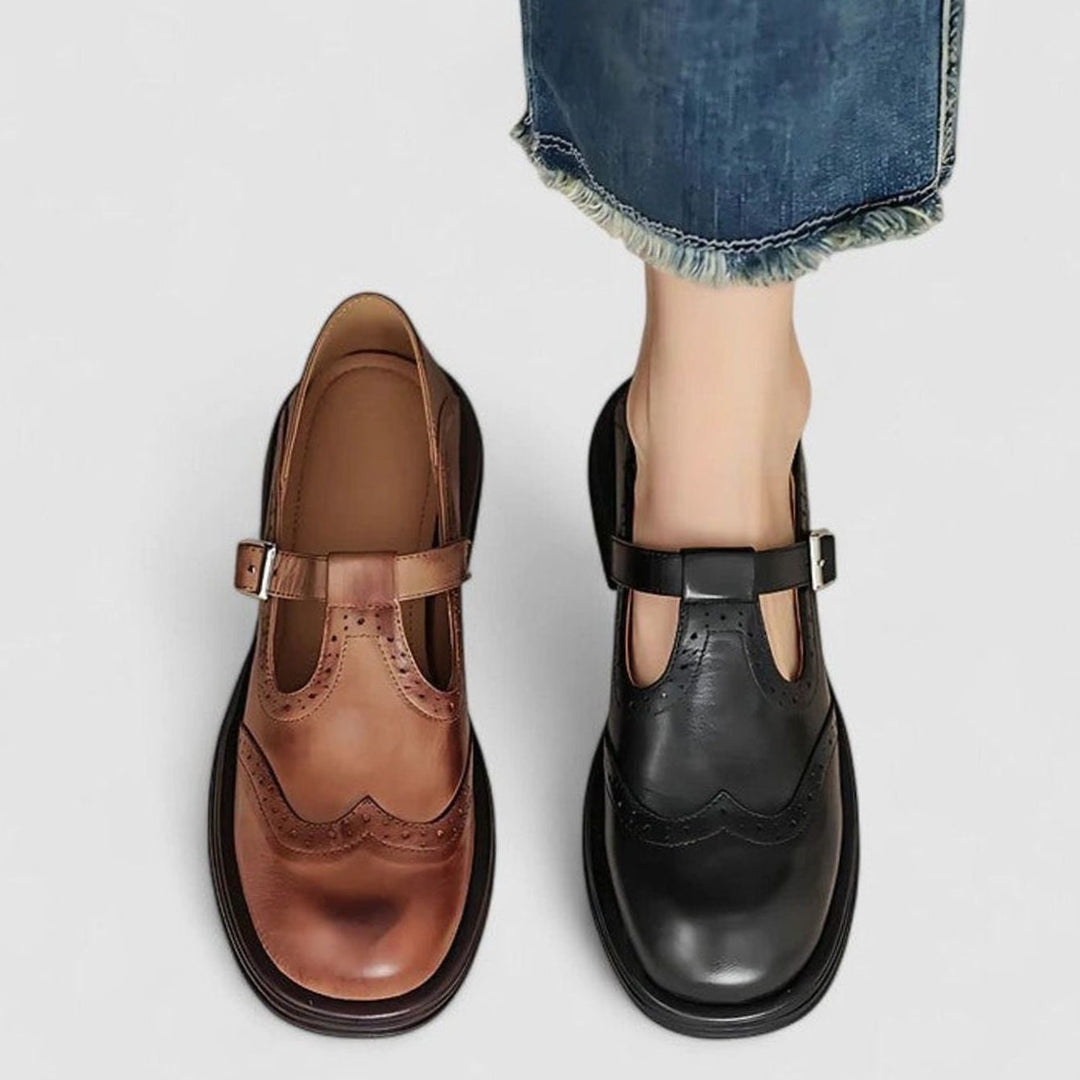 Women's Vintage Leather Brogue T-Strap Shoes Buckle Detail