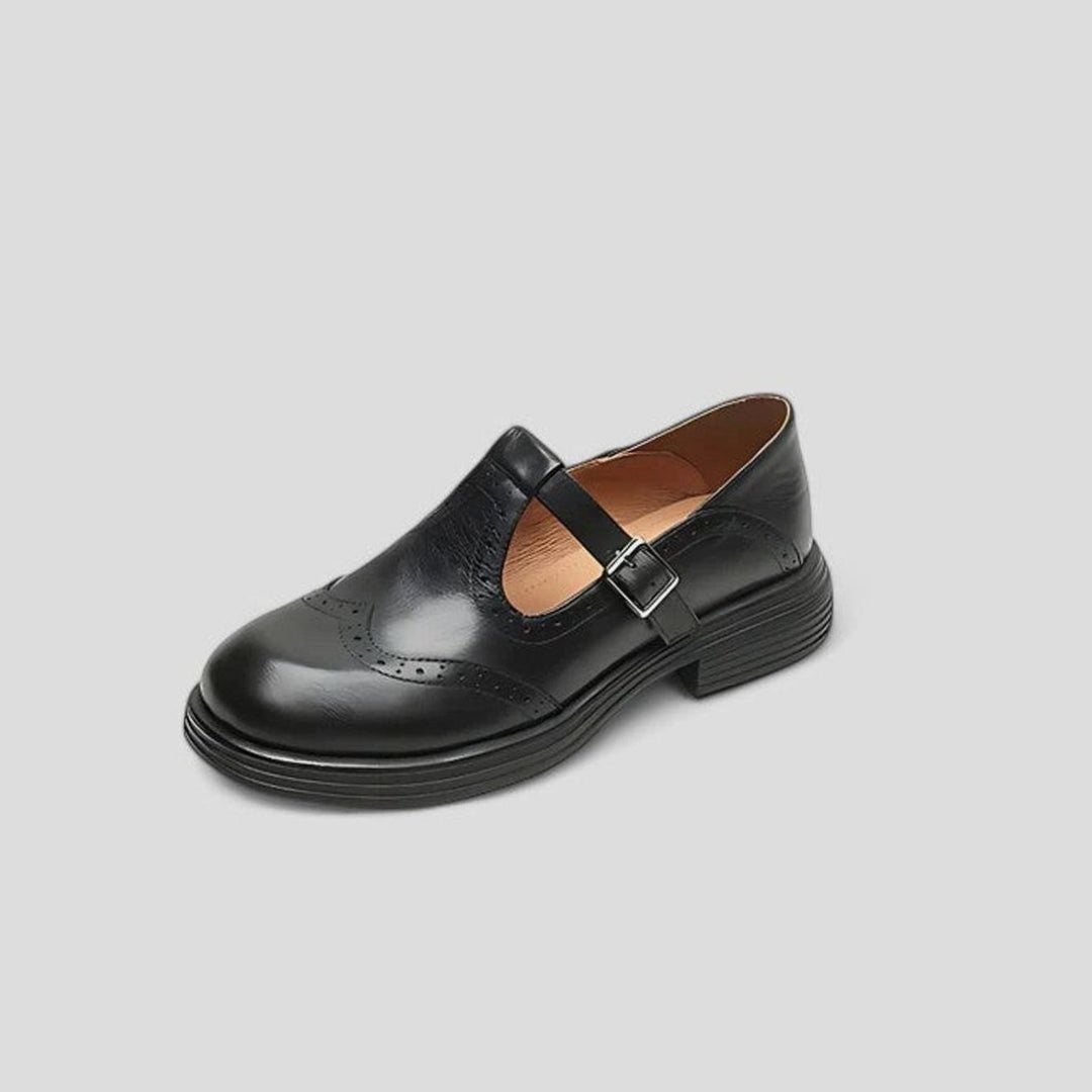 Women's Vintage Leather Brogue T-Strap Shoes Buckle Detail