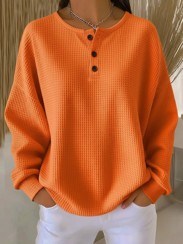 Women's Waffle-Knit Sweater Relaxed Henley Pullover Top
