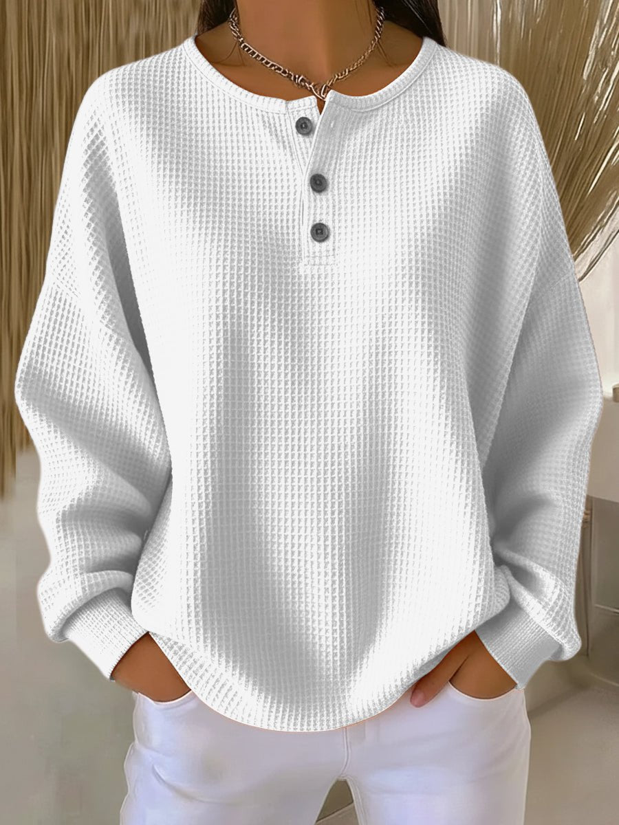 Women's Waffle-Knit Sweater Relaxed Henley Pullover Top
