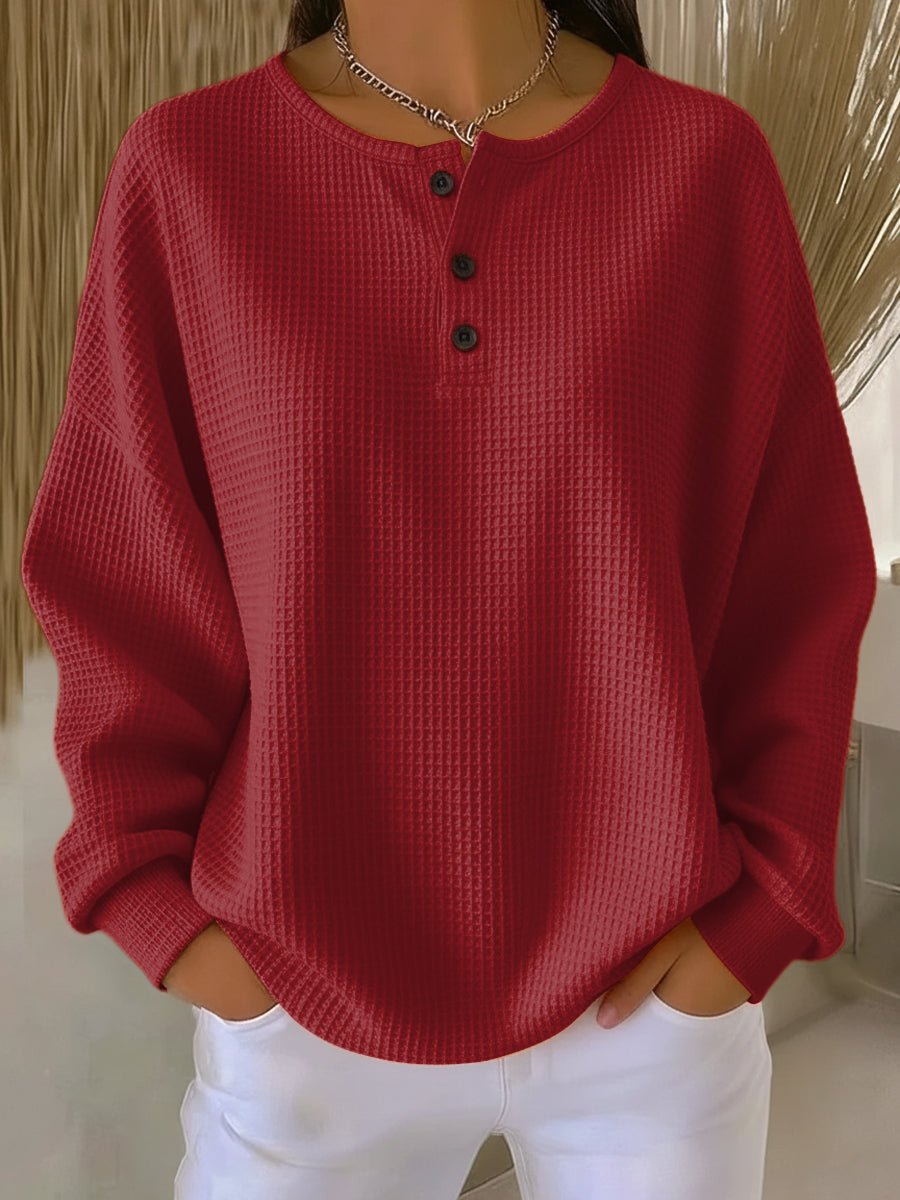 Women's Waffle-Knit Sweater Relaxed Henley Pullover Top