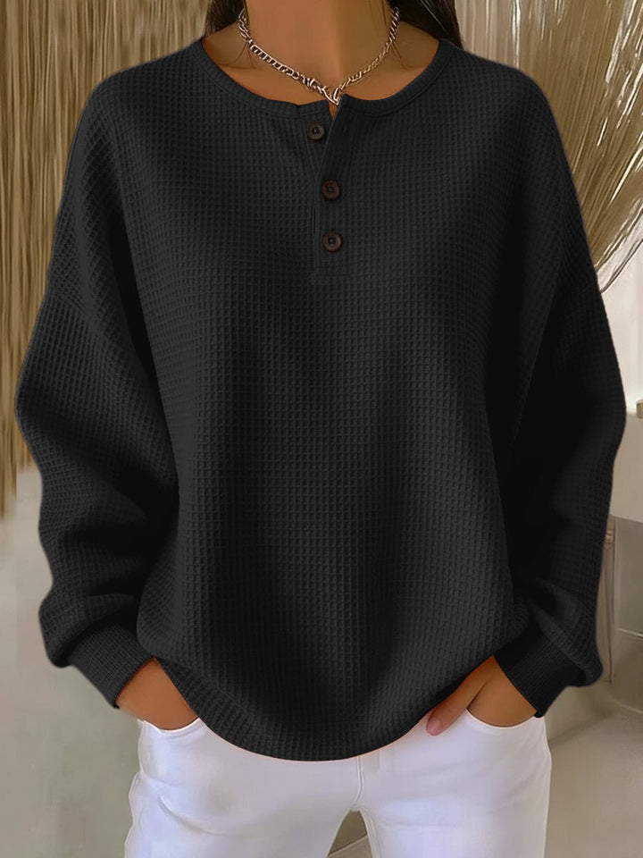 Women's Waffle-Knit Sweater Relaxed Henley Pullover Top