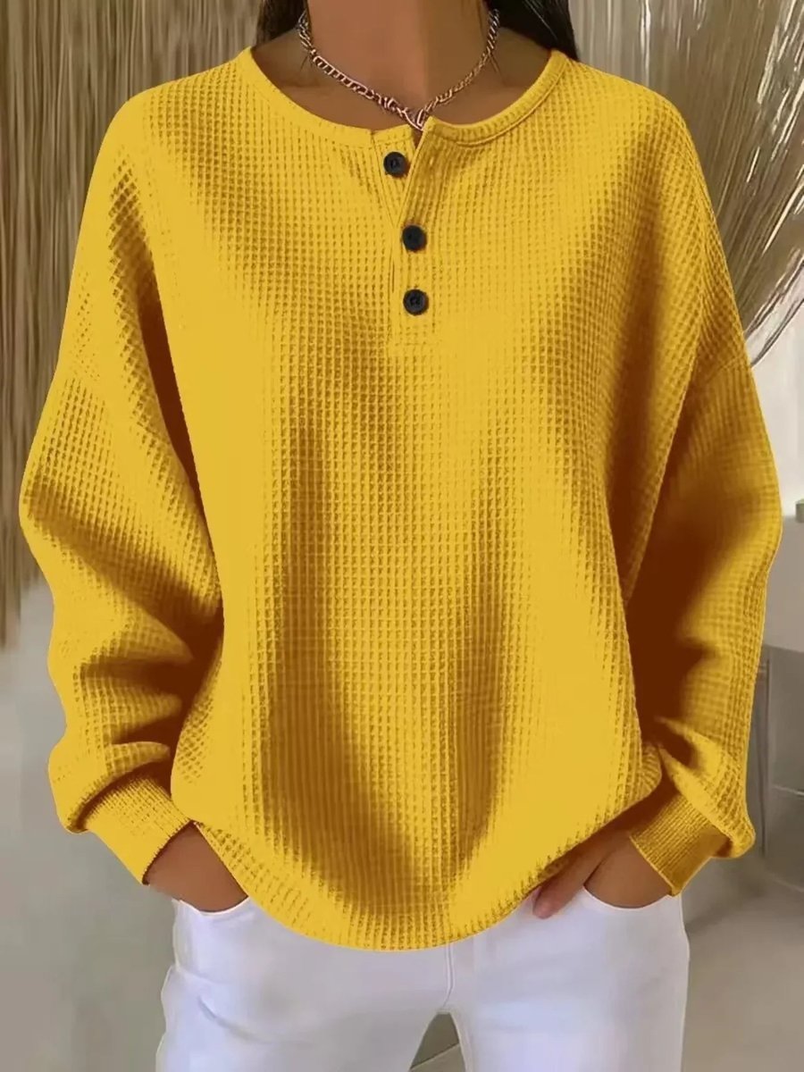 Women's Waffle-Knit Sweater Relaxed Henley Pullover Top