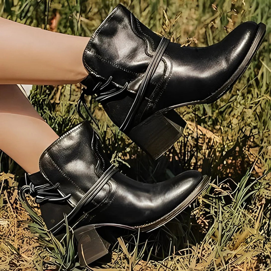 Women's Washed Leather Wrap-Lace Block Ankle Heeled Boots