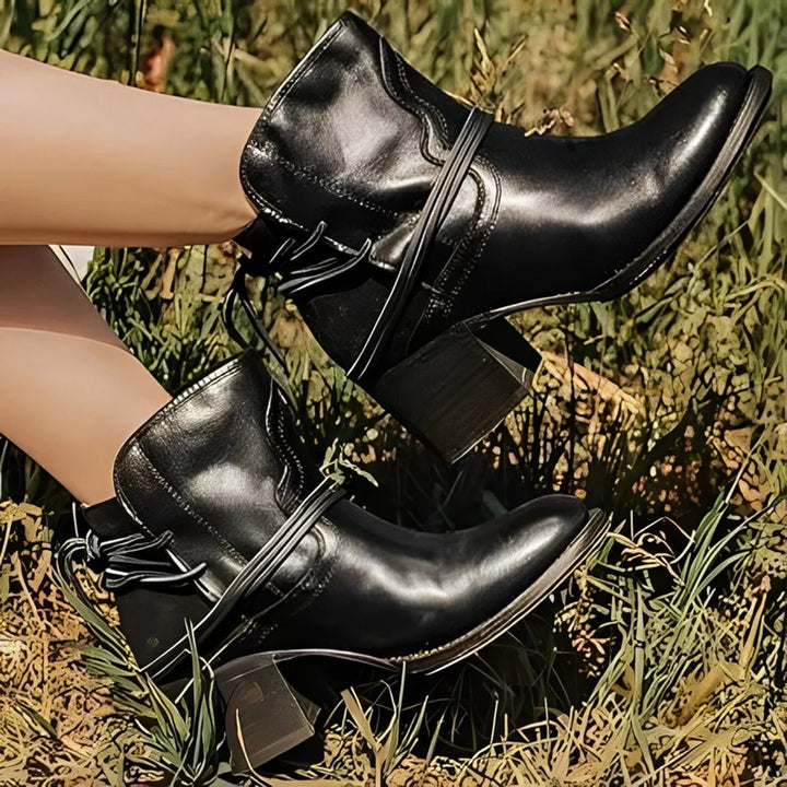 Women's Washed Leather Wrap-Lace Block Ankle Heeled Boots
