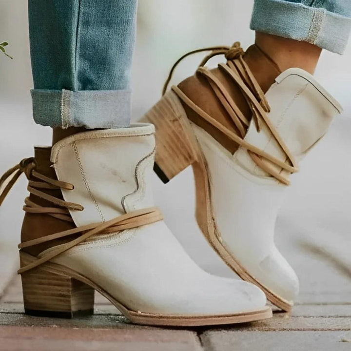 Women's Washed Leather Wrap-Lace Block Ankle Heeled Boots